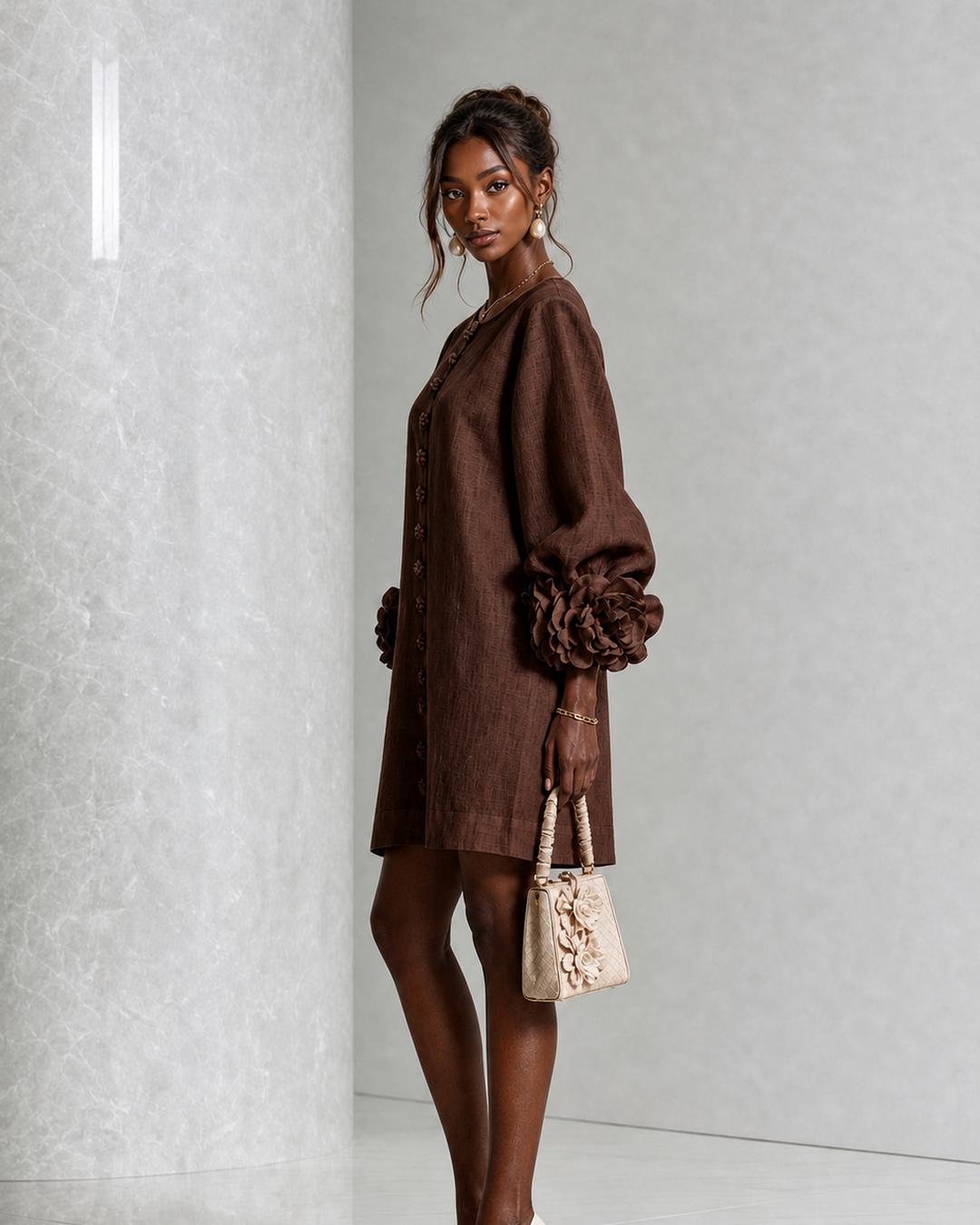 Ramatoulaye | Chocolate Brown Floral Button-down Mini Dress With Striking Floral Cuffs