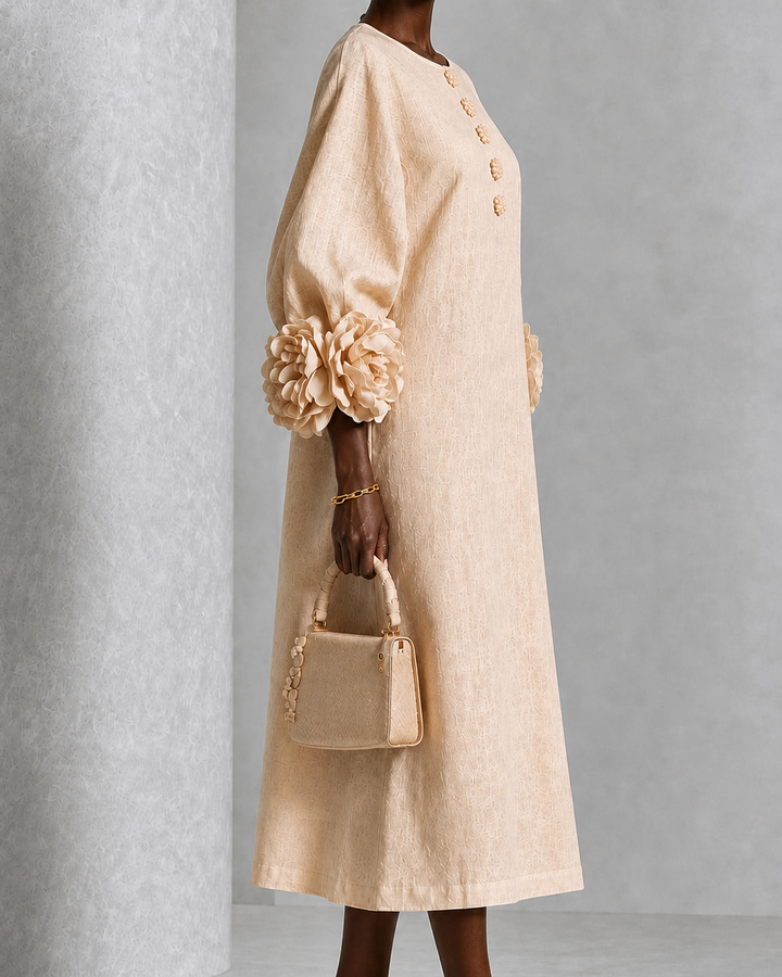 Esi | Beige Floral Button-down Midi Dress With Striking Floral Cuffs