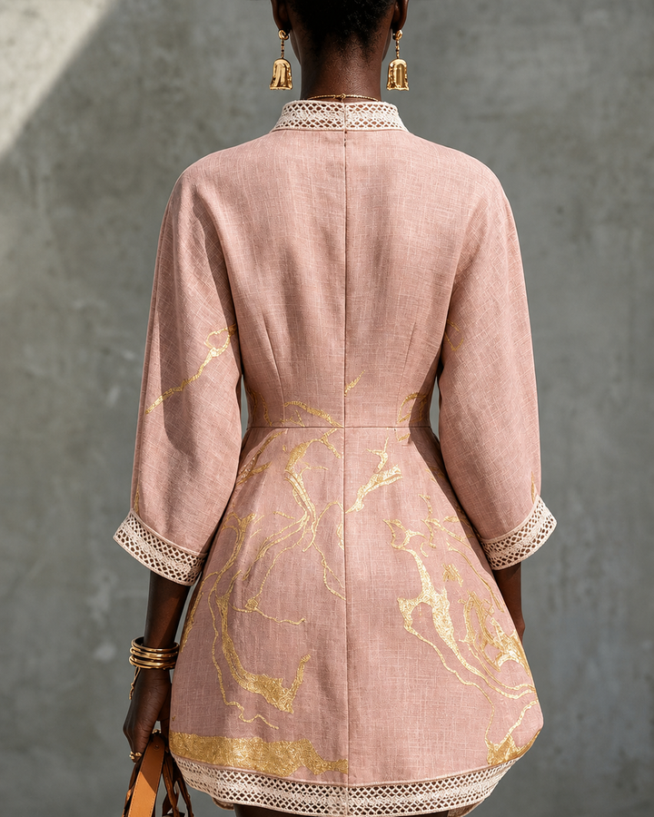 Assiatou | Pink Gold Printed V-neck Crochet Lace Mini Dress