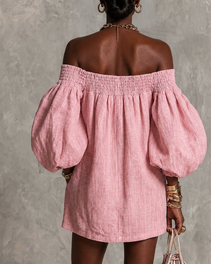 Wairimu | Pink Off-shoulder Lantern Sleeve A-line Loose Mini Dress