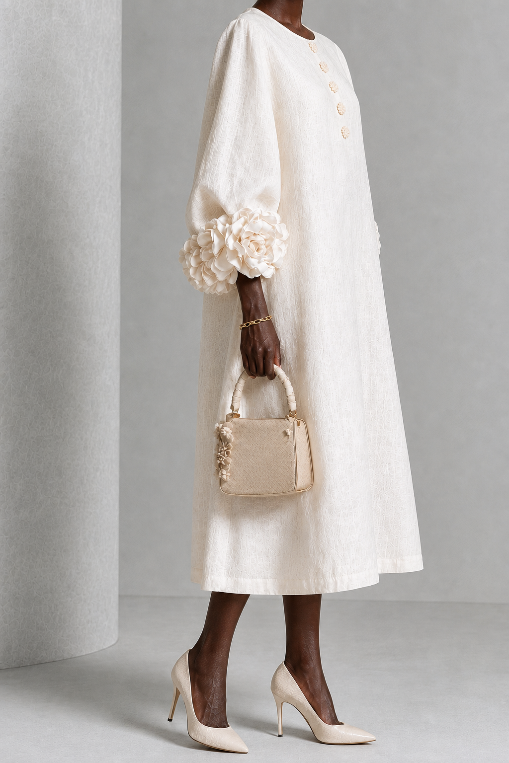 Nkiru | White Floral Button-down Midi Dress With Striking Floral Cuffs