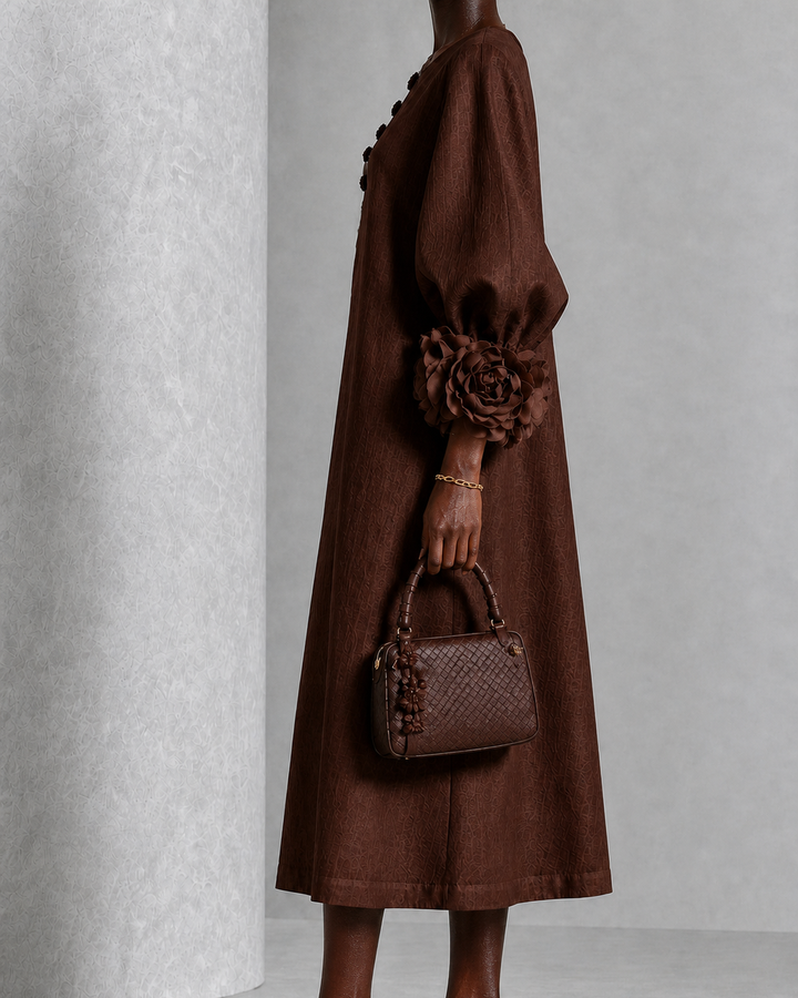 Ama | Chocolate Brown Floral Button-down Midi Dress With Striking Floral Cuffs