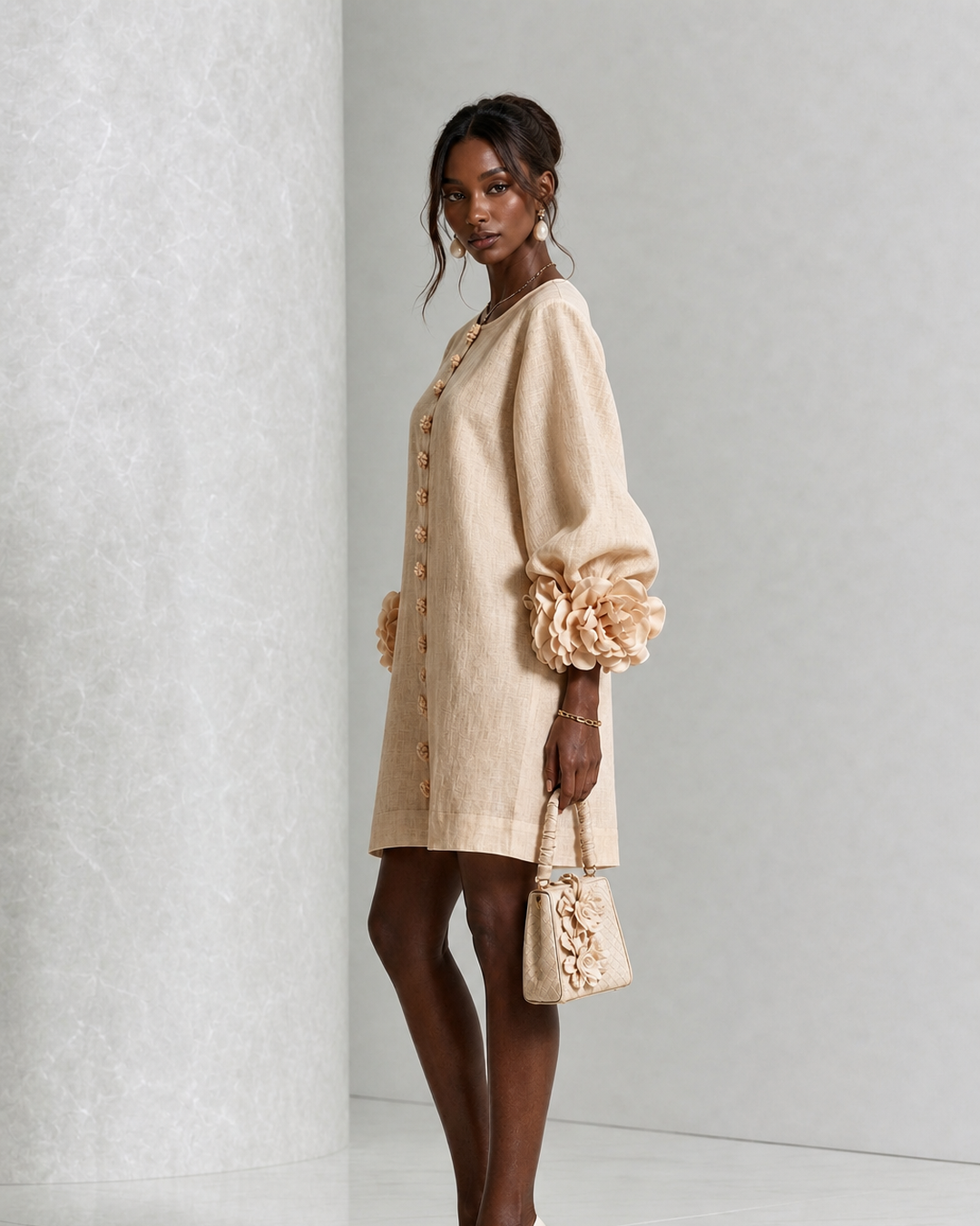 Yewande | Beige Floral Button-down Mini Dress With Striking Floral Cuffs