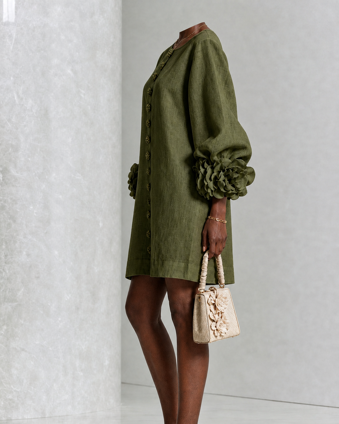 Morounke | Olive Floral Button-down Mini Dress With Striking Floral Cuffs