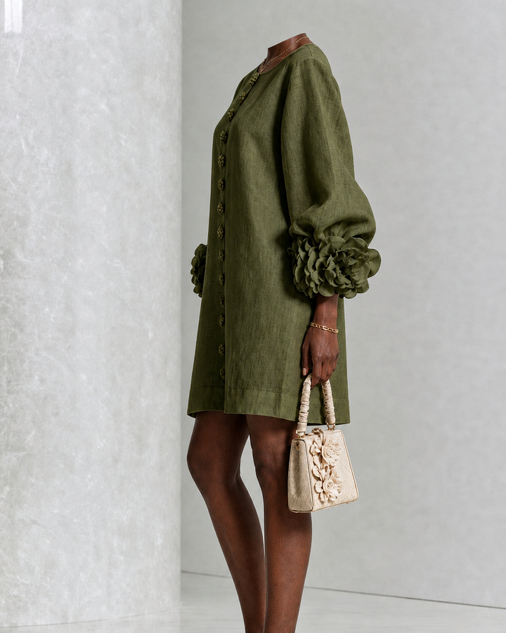 Morounke | Olive Floral Button-down Mini Dress With Striking Floral Cuffs