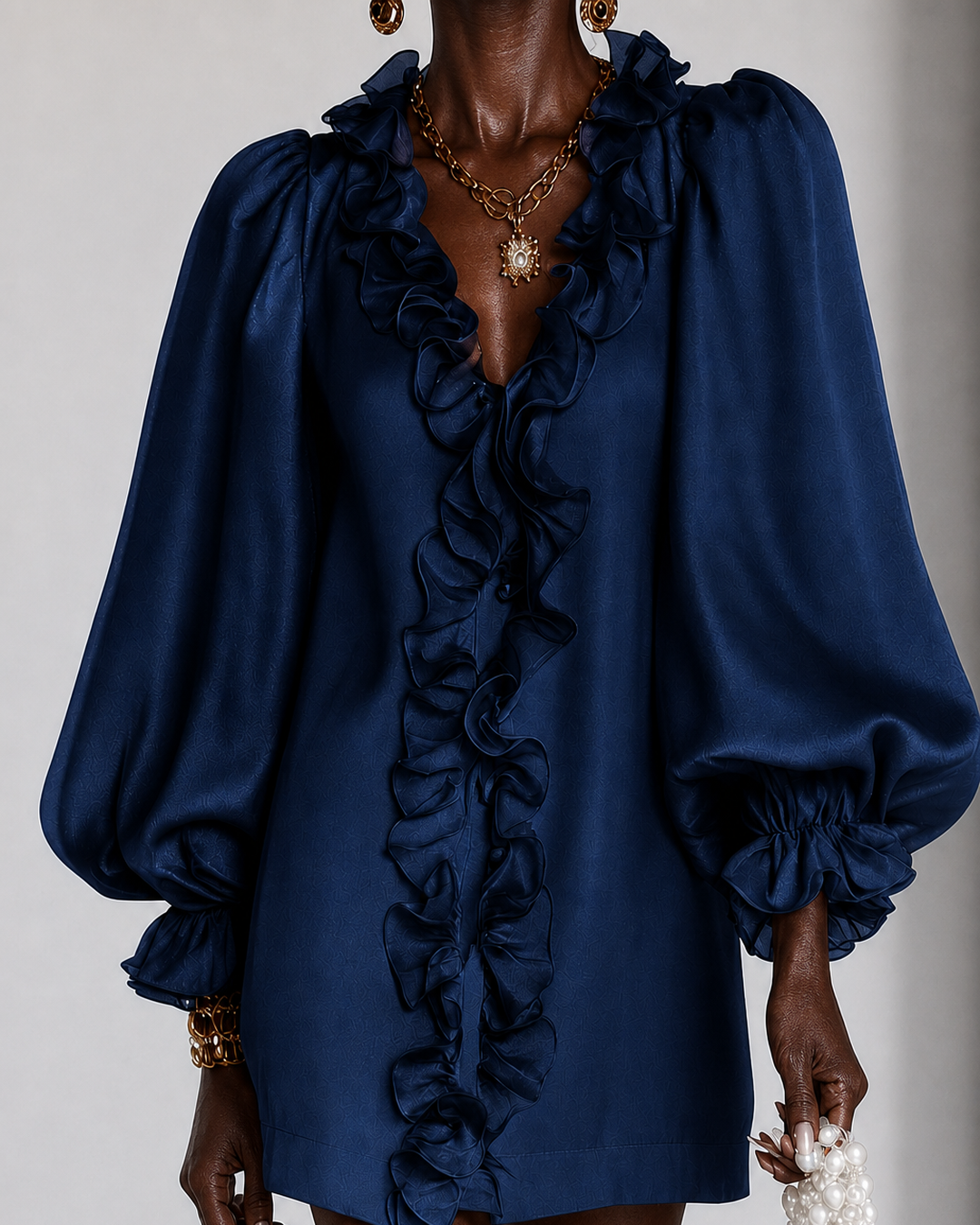 Mariatou | Navy Ruffled Puff-sleeve Loose Straight-cut Mini Dress