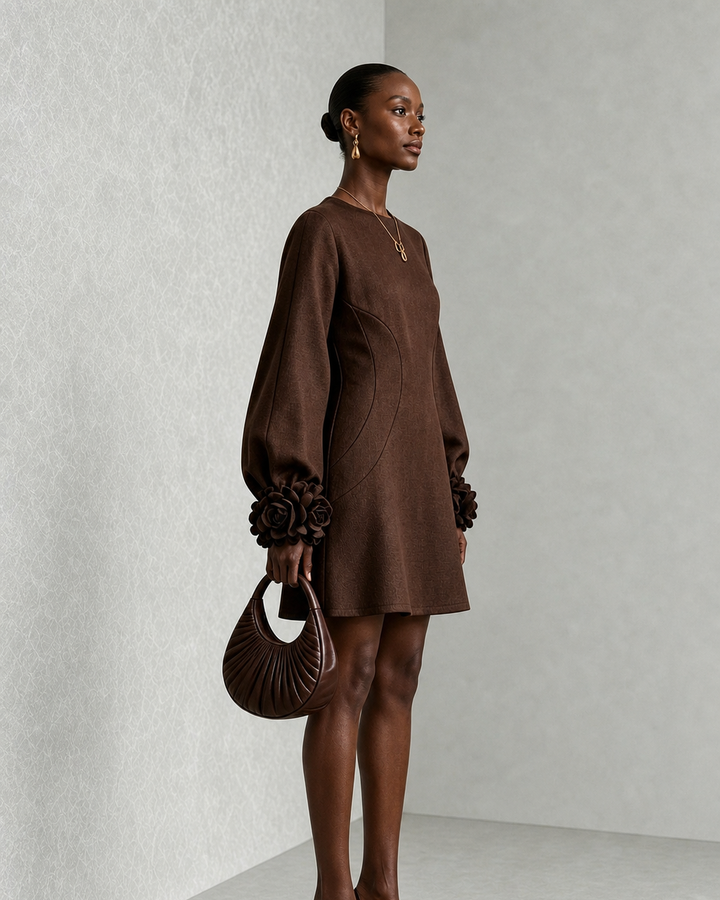 Nyokabi | Chocolate Brown Belted A-line Mini Dress Featuring Striking Floral Cuffs