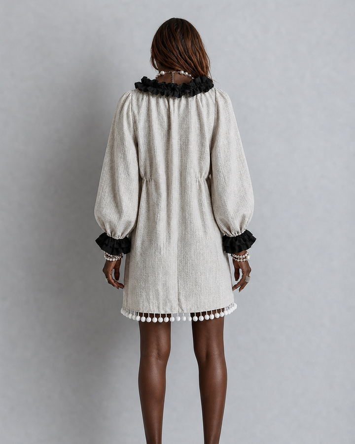 Nafissatou | Color-block Lettuce-edge Puff Sleeves Tassels Shift Mini Dress