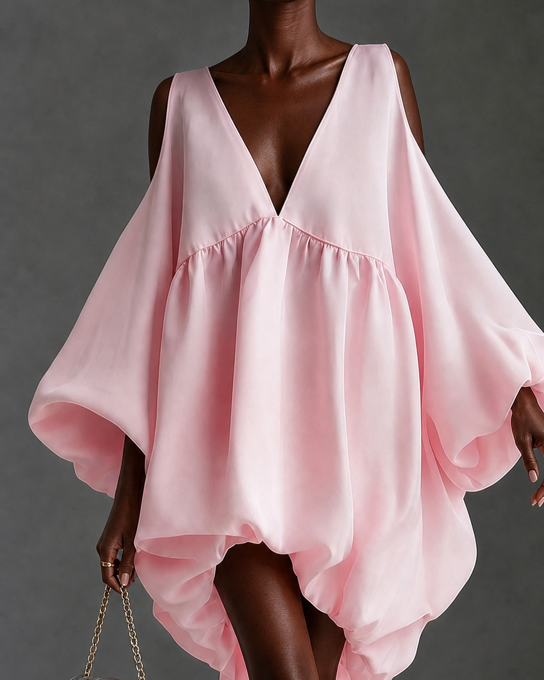 Kagendo | Baby Pink Chffion Deep V Cold Shoulder Mini Dress Puffy Balloon Sleeve Babydoll Party Dress