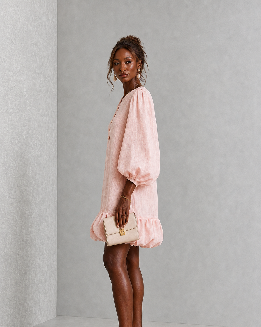 Amarachi | Pink Floral Button-front Ruffled Puff-sleeve Mini Dress