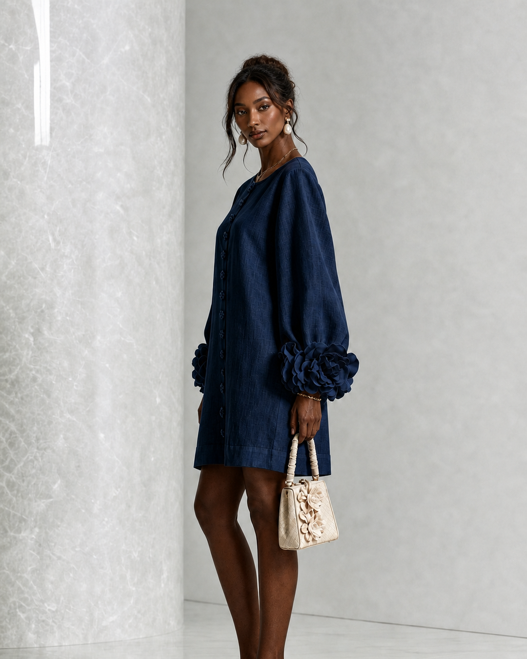 Adwoa | Navy Long Sleeve Floral Button-down Mini Dress With Striking Floral Cuffs(long Sleeve Edition)