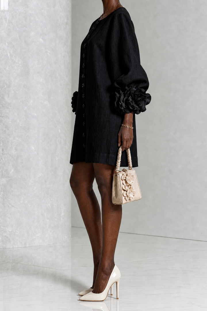 Asantewaa | Black Floral Button-down Mini Dress With Striking Floral Cuffs