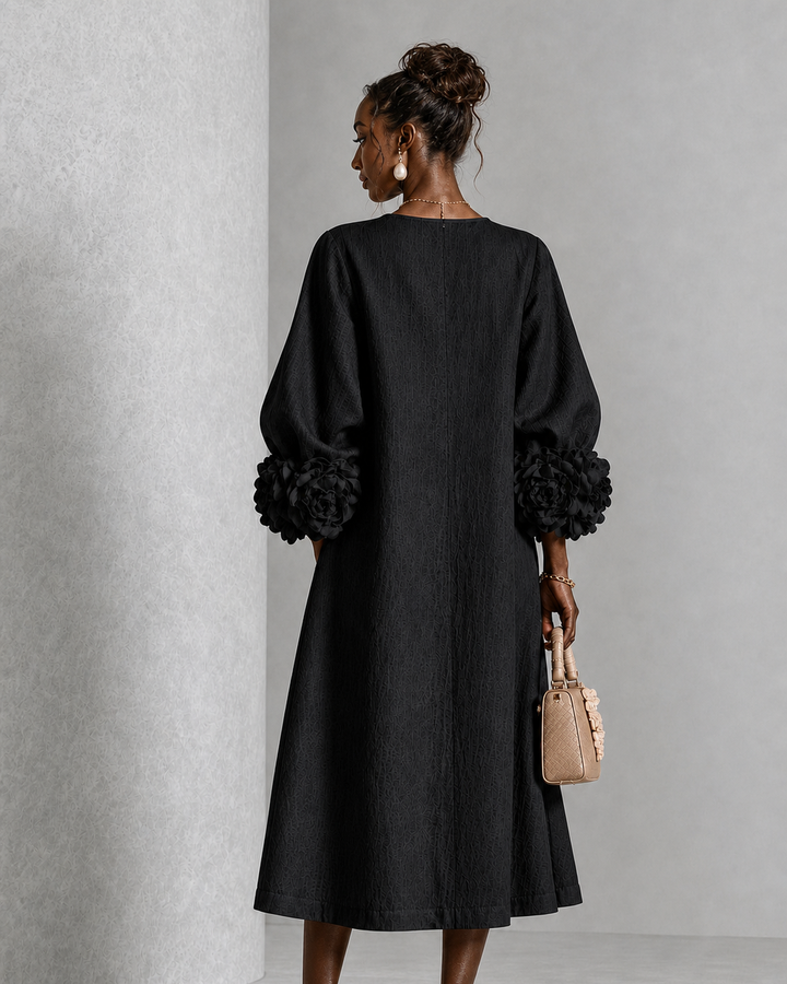 Chidera | Black Floral Button-down Midi Dress With Striking Floral Cuffs