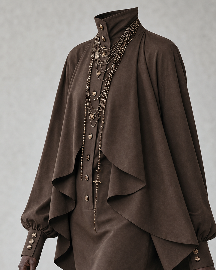 Isatou | Chocolate High-neck Mini Dress With Cape-style Paneling