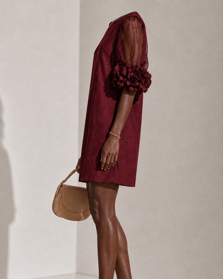 Muthoni | Burgundy Organza Puff-sleeved Mini Dress With Striking Floral Cuffs
