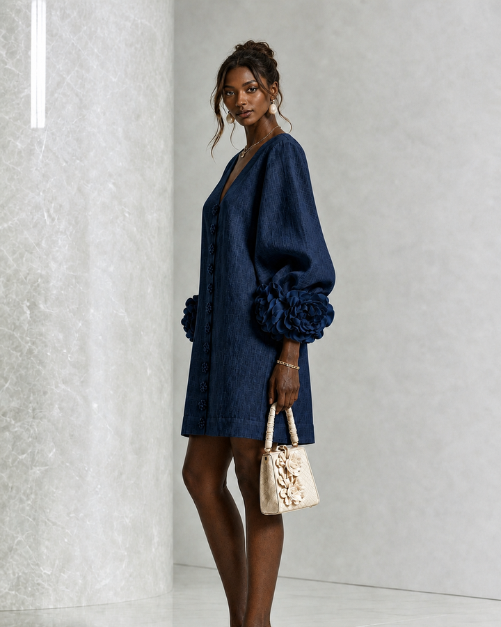 Buhle | Navy V-neck Floral Button-down Mini Dress With Striking Floral Cuffs