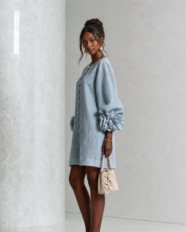 Iyabo | Dusty Blue Floral Button-down Mini Dress With Striking Floral Cuffs