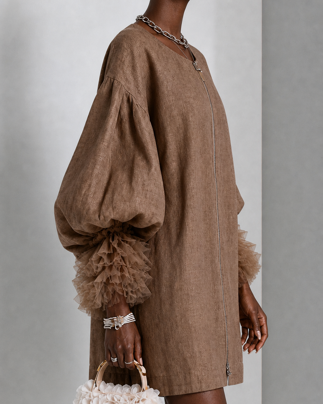 Nyambura | Brown Zip-front Balloon Sleeve Mini Dress With Pleated Ruffle Cuffs