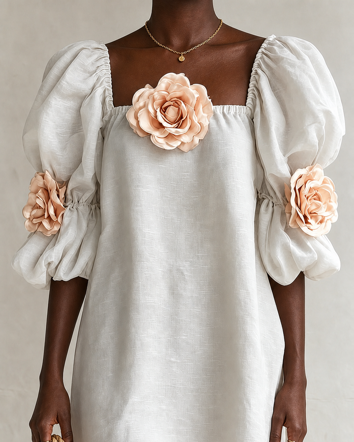 Mumbi | 3d Floral Applique Square Neck Puff Sleeve Loose Mini Dress