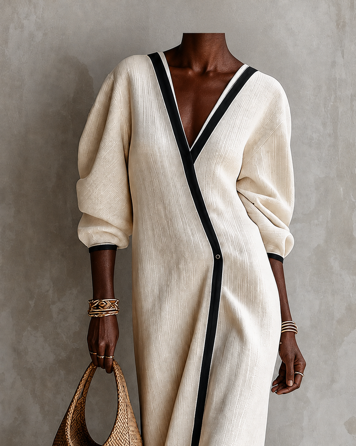 Boakyewaa | Women Beige Linen Blend V‑neck Wrap Black Contrast Trim Lantern Sleeve Maxi Dress