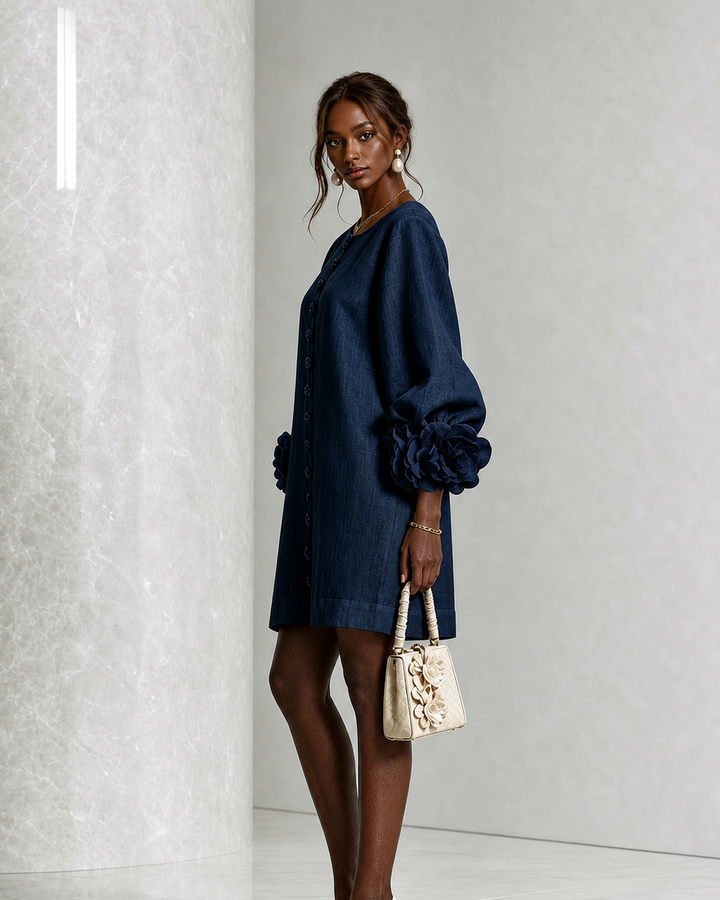 Abena | Navy Floral Button-down Mini Dress With Striking Floral Cuffs