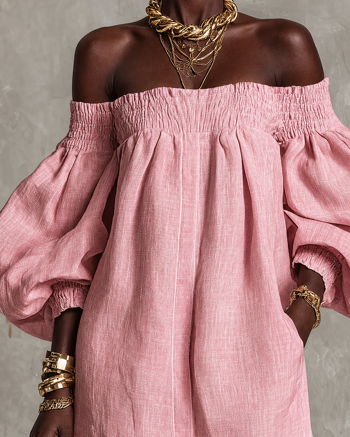 Wairimu | Pink Off-shoulder Lantern Sleeve A-line Loose Mini Dress