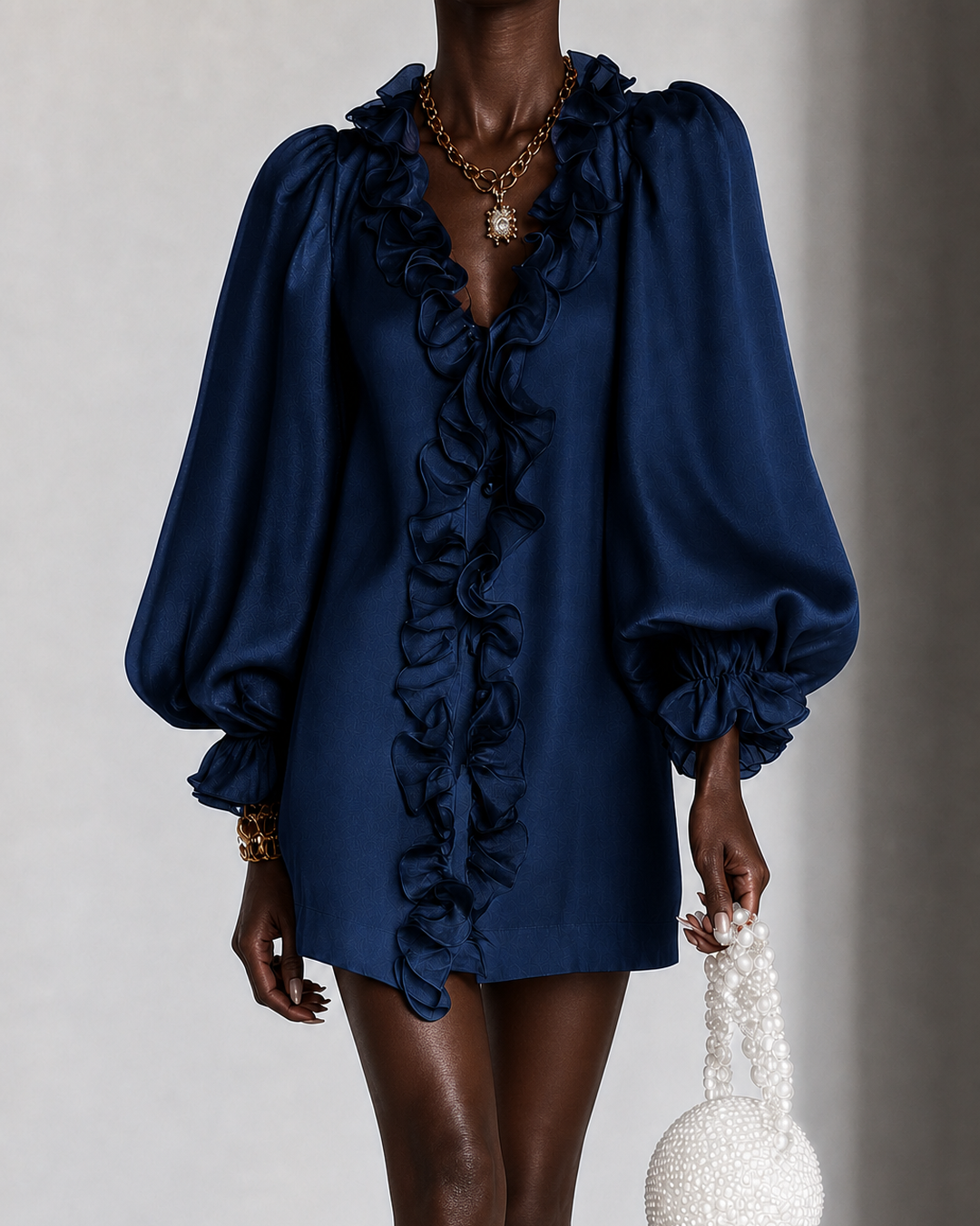 Salimatou | Ruffled Puff-sleeve Loose Straight-cut Mini Dress