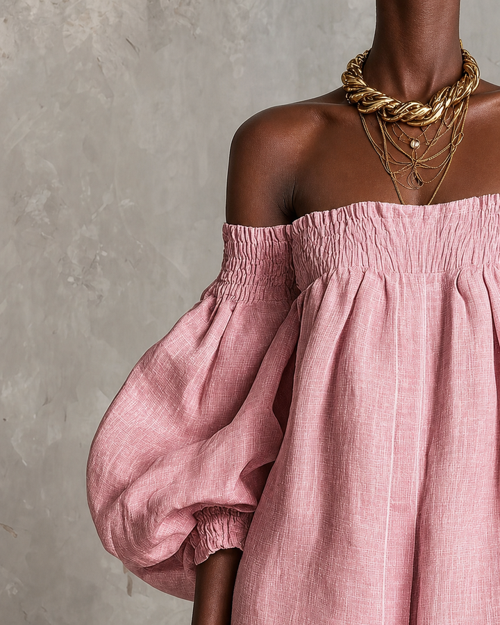 Wairimu | Pink Off-shoulder Lantern Sleeve A-line Loose Mini Dress