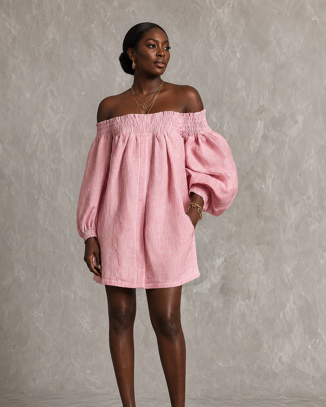 Wairimu | Pink Off-shoulder Lantern Sleeve A-line Loose Mini Dress