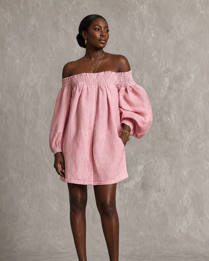 Wairimu | Pink Off-shoulder Lantern Sleeve A-line Loose Mini Dress
