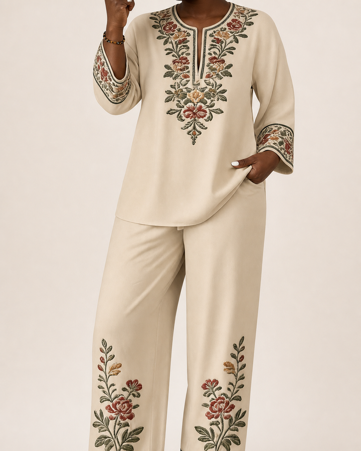 Modupeola | Floral Embroidered Two-piece Lounge Set