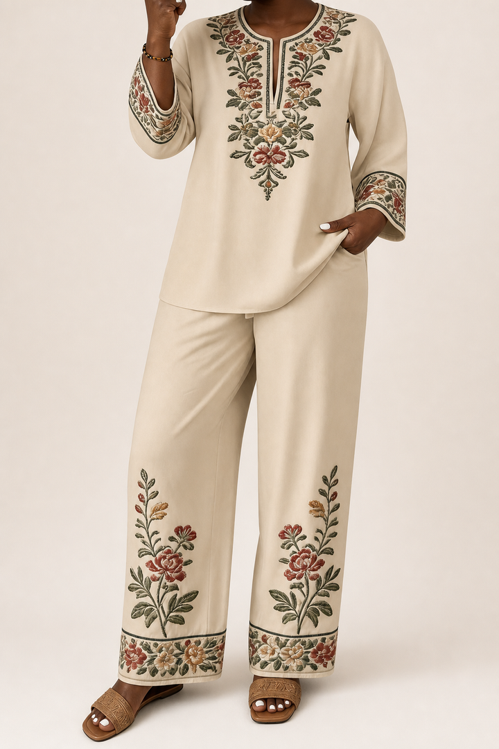 Modupeola | Floral Embroidered Two-piece Lounge Set