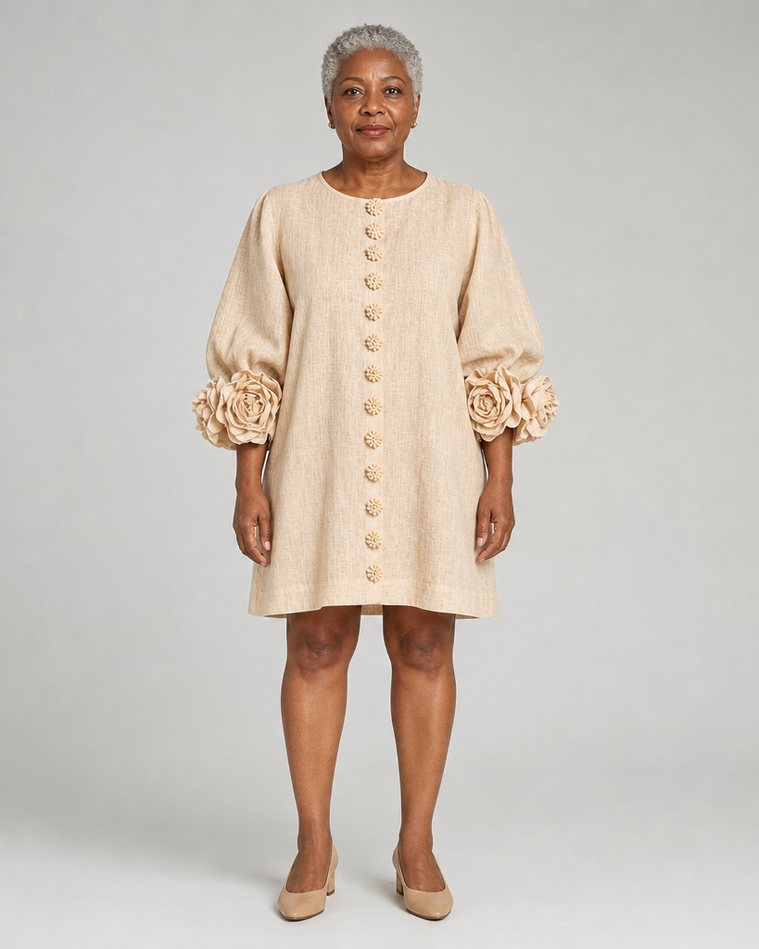 Yewande | Beige Floral Button-down Mini Dress With Striking Floral Cuffs