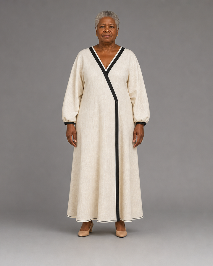 Boakyewaa | Women Beige Linen Blend V‑neck Wrap Black Contrast Trim Lantern Sleeve Maxi Dress
