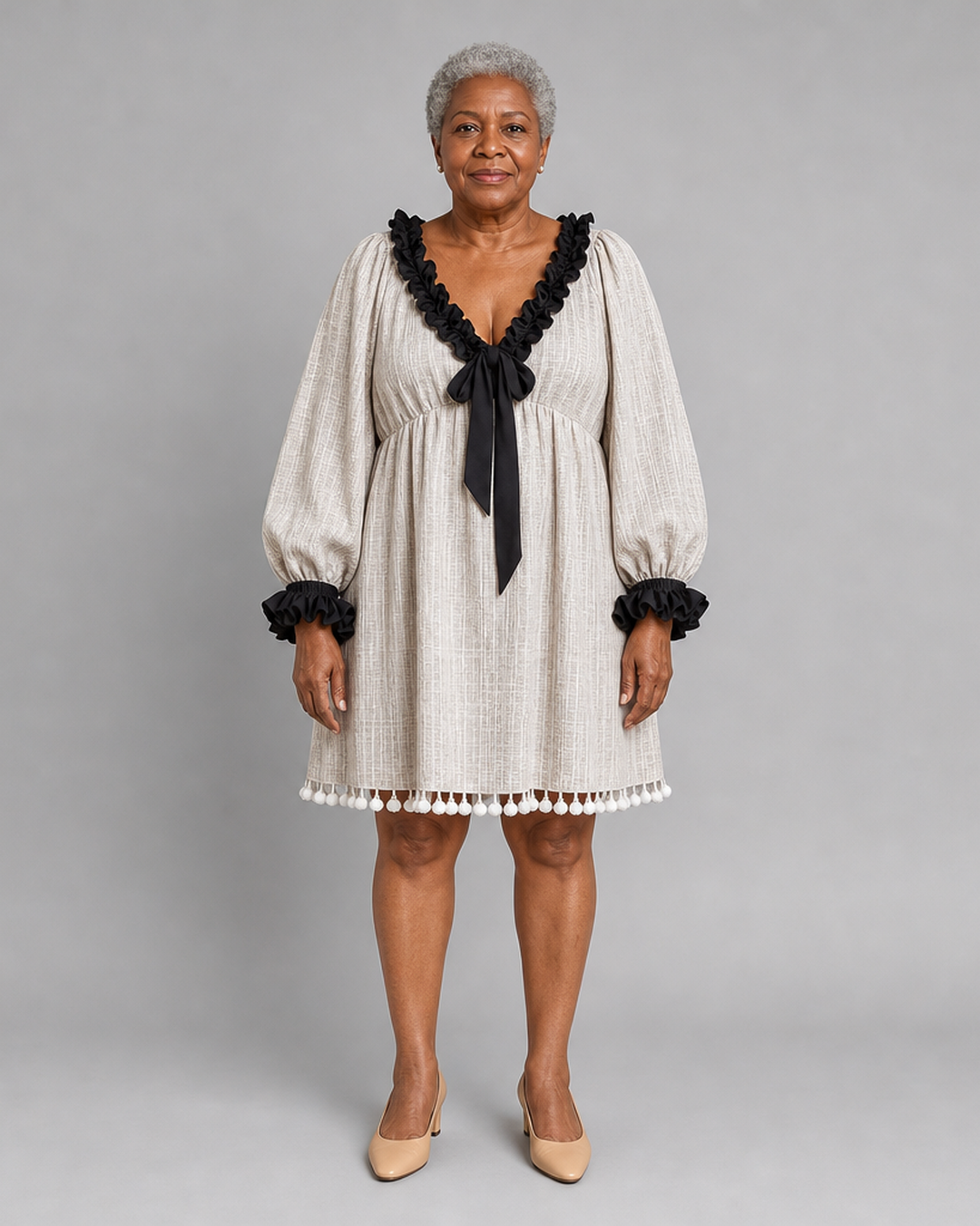 Nafissatou | Color-block Lettuce-edge Puff Sleeves Tassels Shift Mini Dress