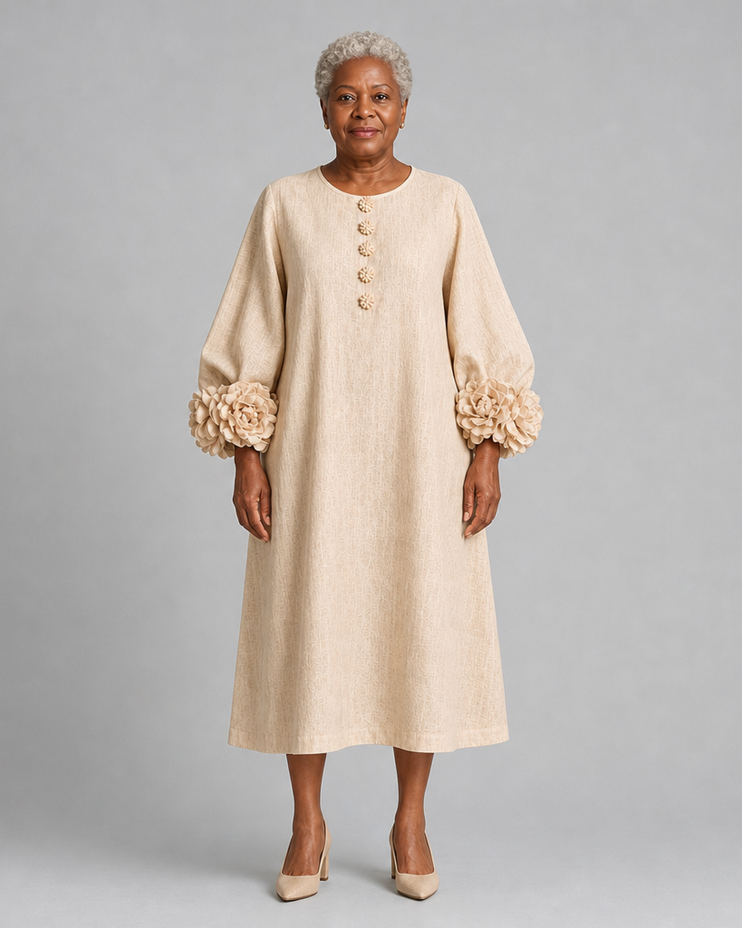 Esi | Beige Floral Button-down Midi Dress With Striking Floral Cuffs