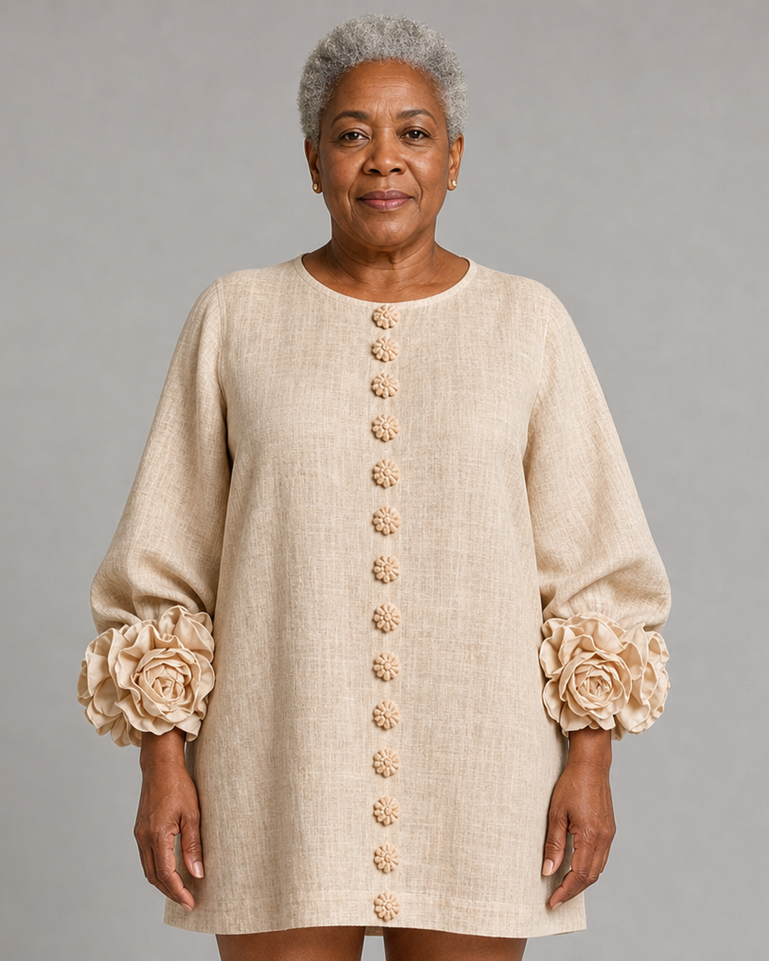 Yewande | Beige Floral Button-down Mini Dress With Striking Floral Cuffs