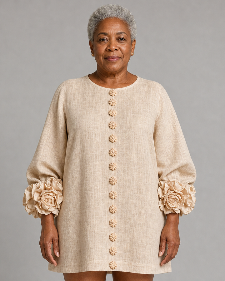 Yewande | Beige Floral Button-down Mini Dress With Striking Floral Cuffs