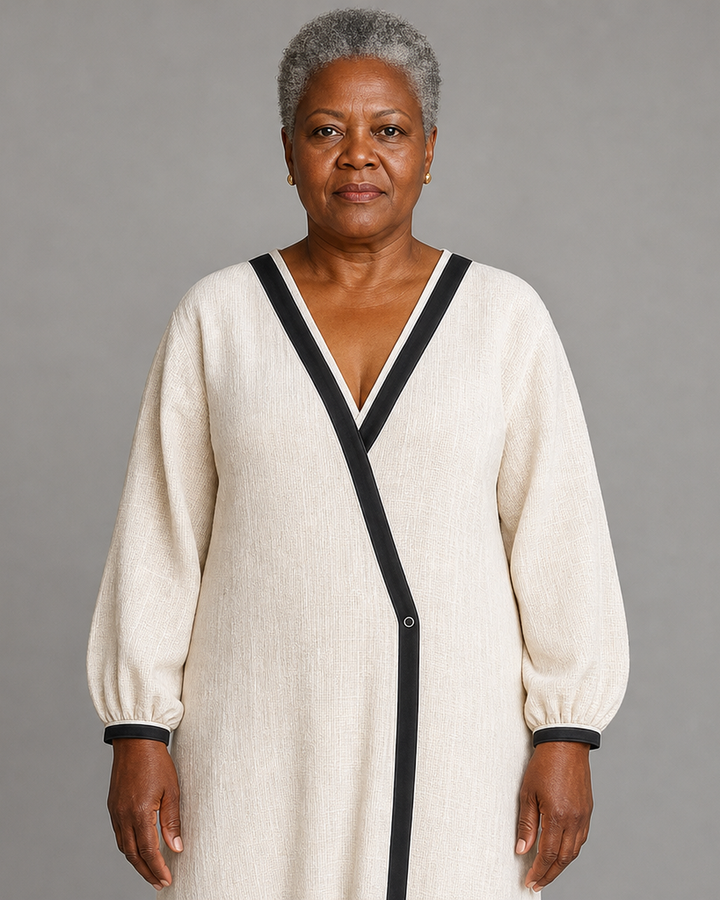 Boakyewaa | Women Beige Linen Blend V‑neck Wrap Black Contrast Trim Lantern Sleeve Maxi Dress