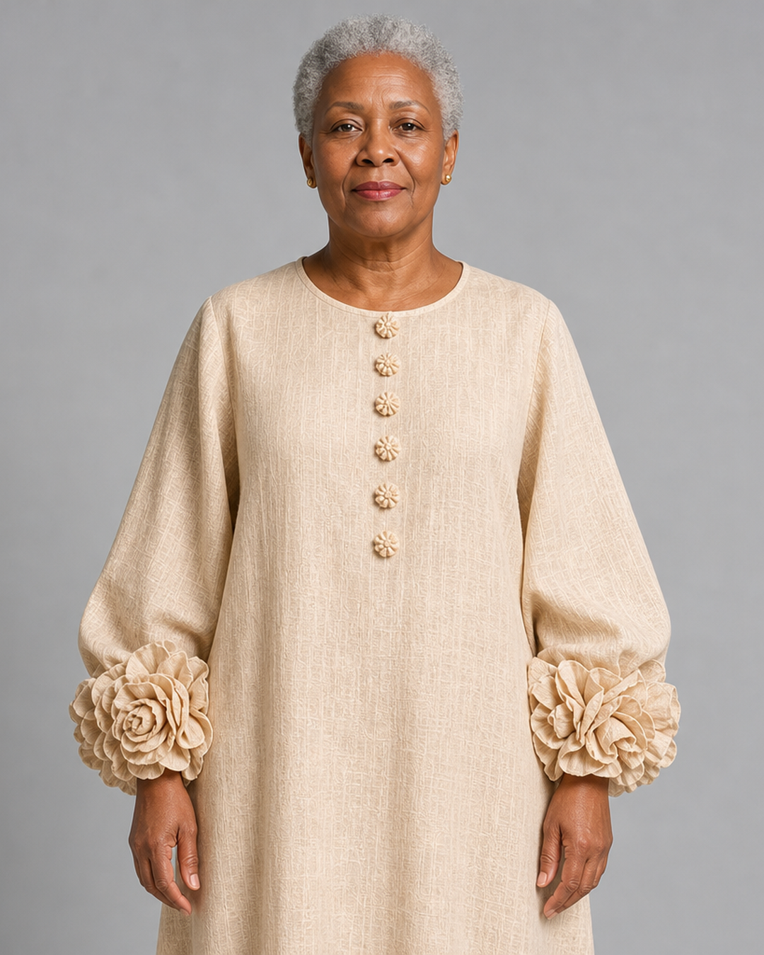 Esi | Beige Floral Button-down Midi Dress With Striking Floral Cuffs