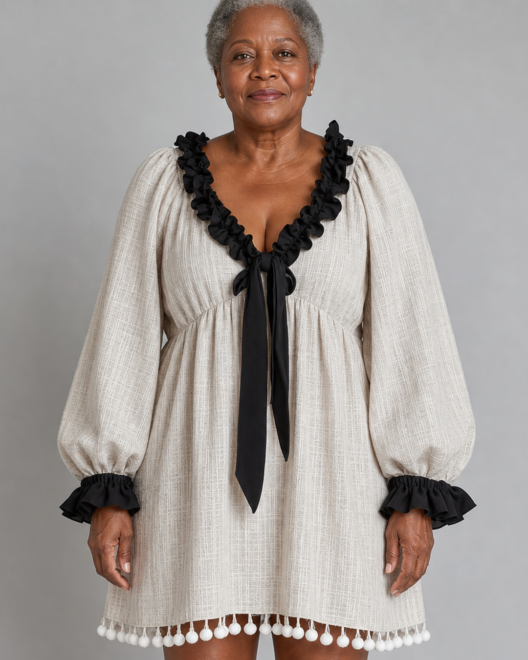 Nafissatou | Color-block Lettuce-edge Puff Sleeves Tassels Shift Mini Dress