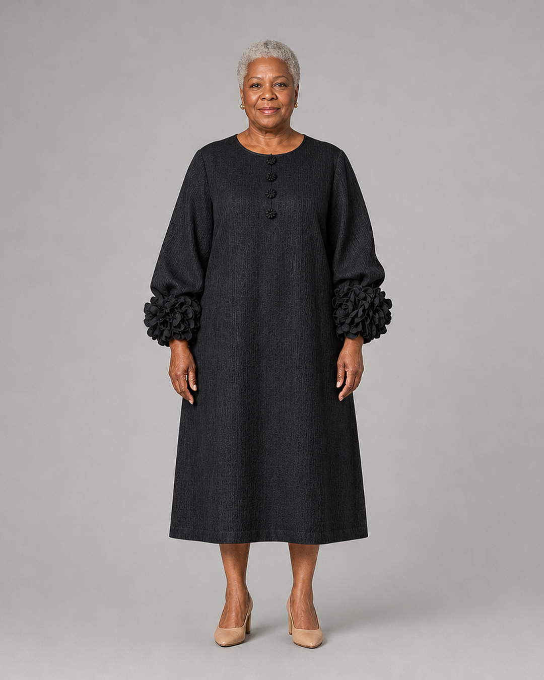 Chidera | Black Floral Button-down Midi Dress With Striking Floral Cuffs