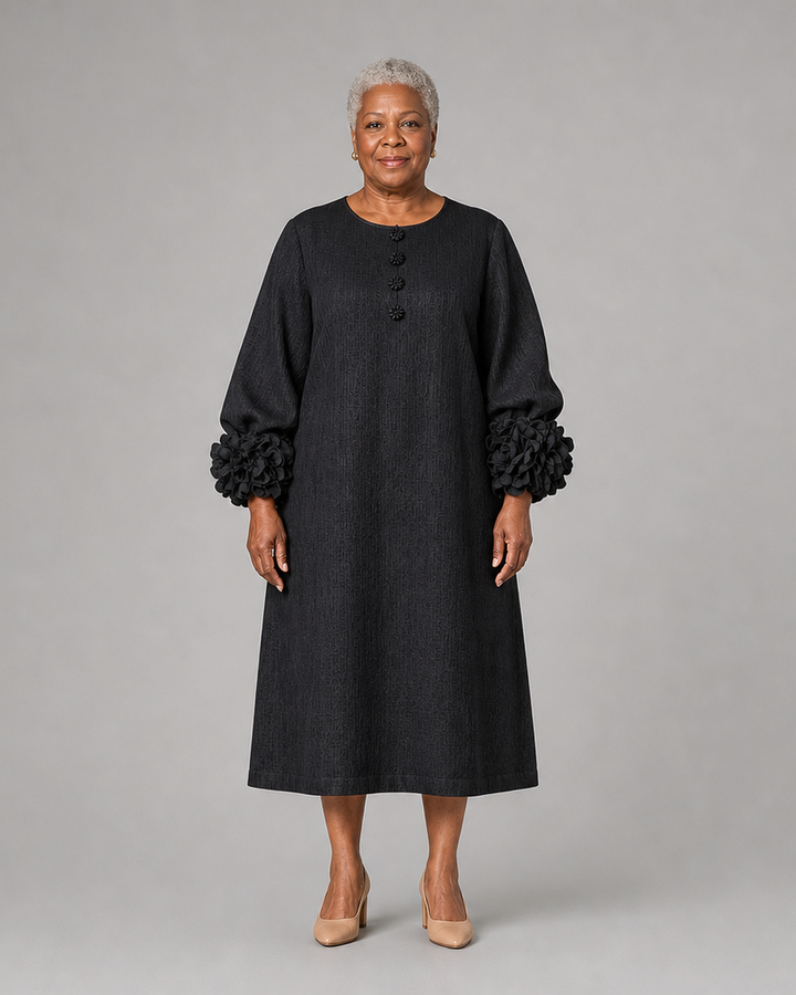 Chidera | Black Floral Button-down Midi Dress With Striking Floral Cuffs