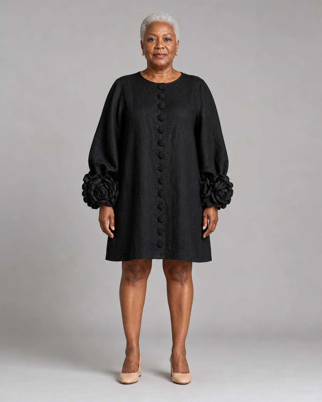 Asantewaa | Black Floral Button-down Mini Dress With Striking Floral Cuffs