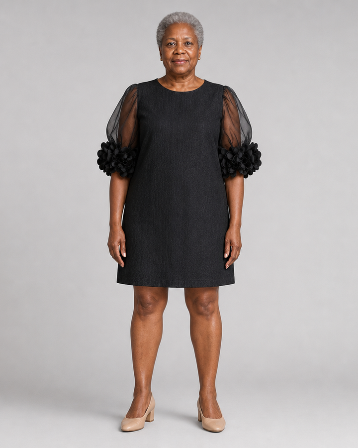Njeri | Black Organza Puff-sleeved Mini Dress With Striking Floral Cuffs