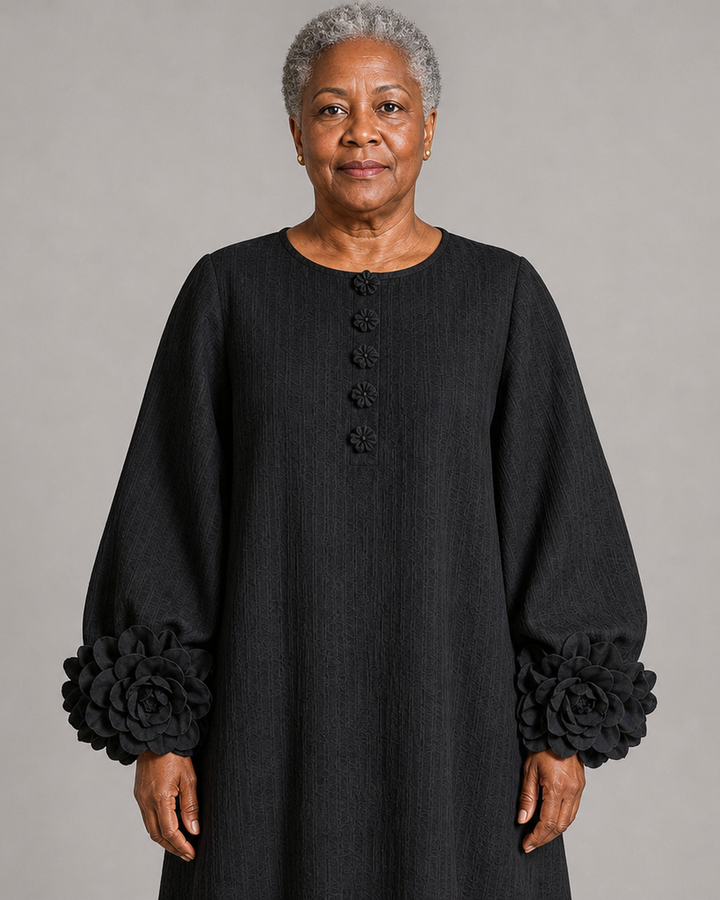 Chidera | Black Floral Button-down Midi Dress With Striking Floral Cuffs