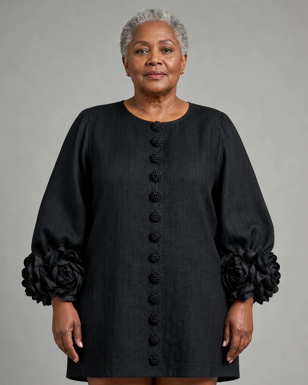 Asantewaa | Black Floral Button-down Mini Dress With Striking Floral Cuffs