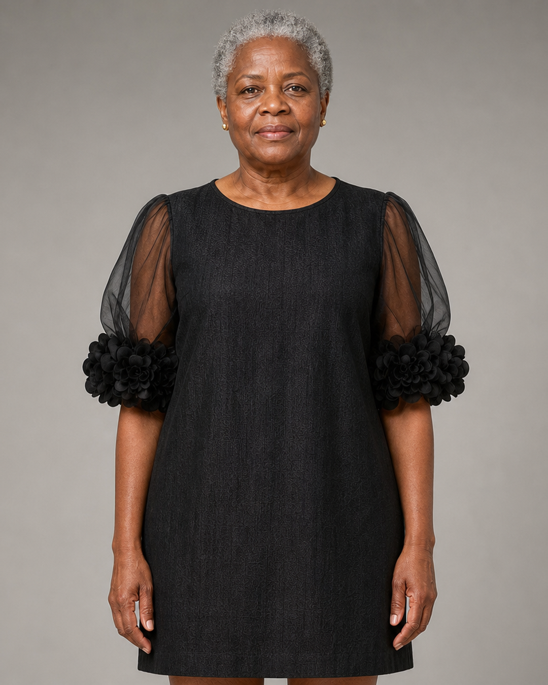 Njeri | Black Organza Puff-sleeved Mini Dress With Striking Floral Cuffs