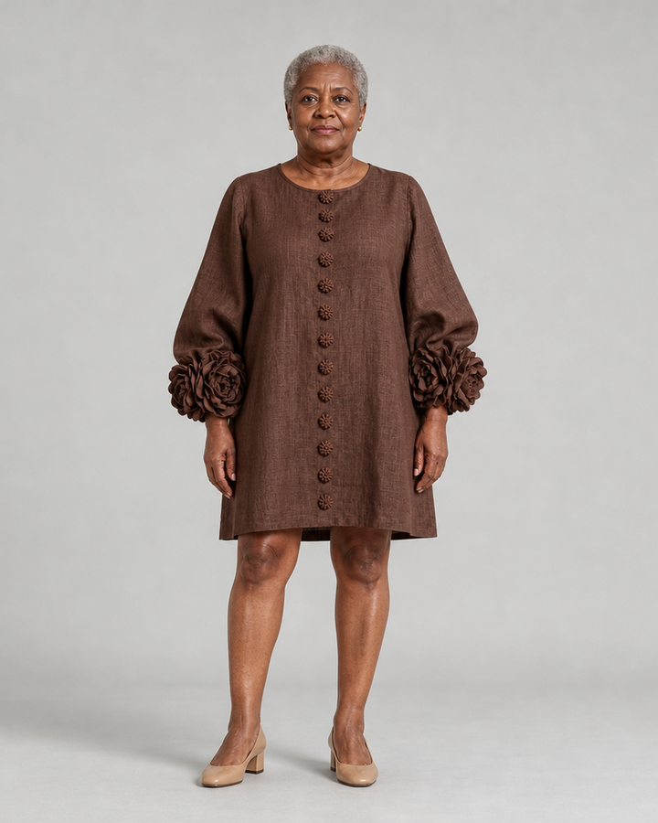 Ramatoulaye | Chocolate Brown Floral Button-down Mini Dress With Striking Floral Cuffs