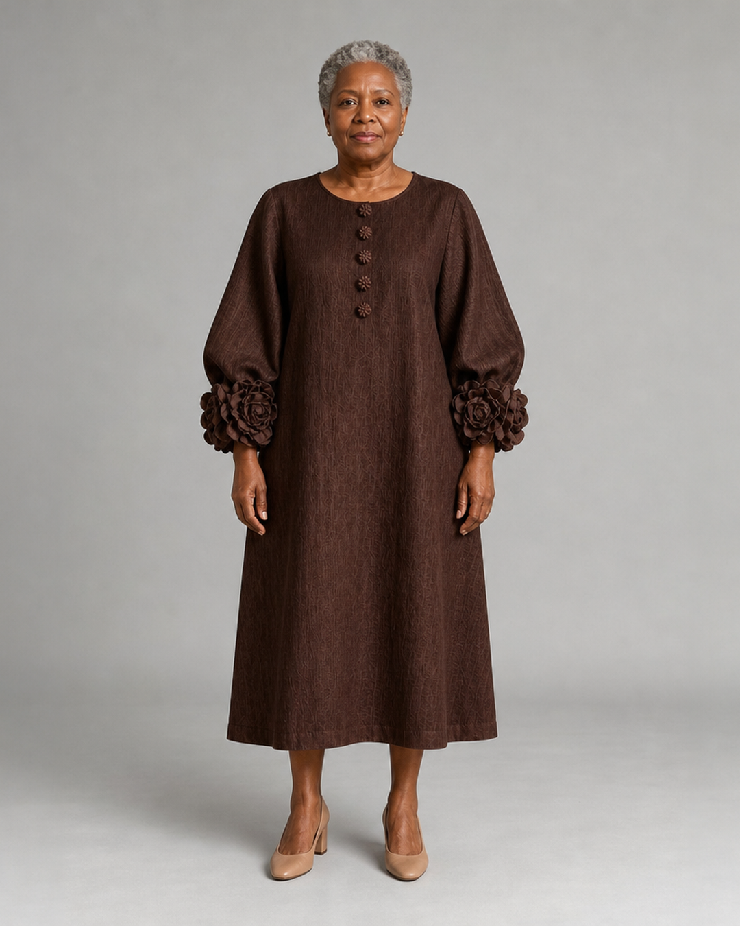 Ama | Chocolate Brown Floral Button-down Midi Dress With Striking Floral Cuffs